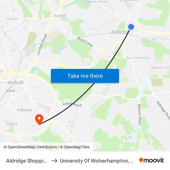 Aldridge Shopping Centre to University Of Wolverhampton, Walsall Campus map