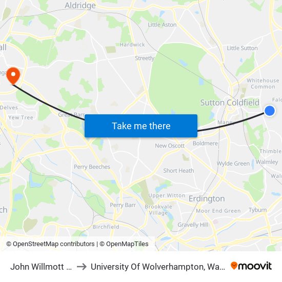 John Willmott School to University Of Wolverhampton, Walsall Campus map