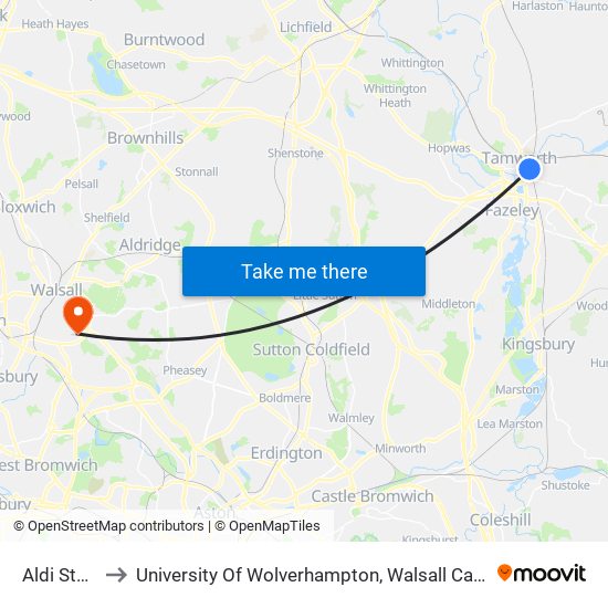 Aldi Store to University Of Wolverhampton, Walsall Campus map