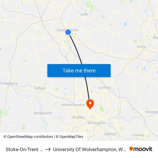 Stoke-On-Trent College to University Of Wolverhampton, Walsall Campus map