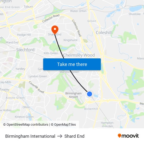 Birmingham International to Shard End map