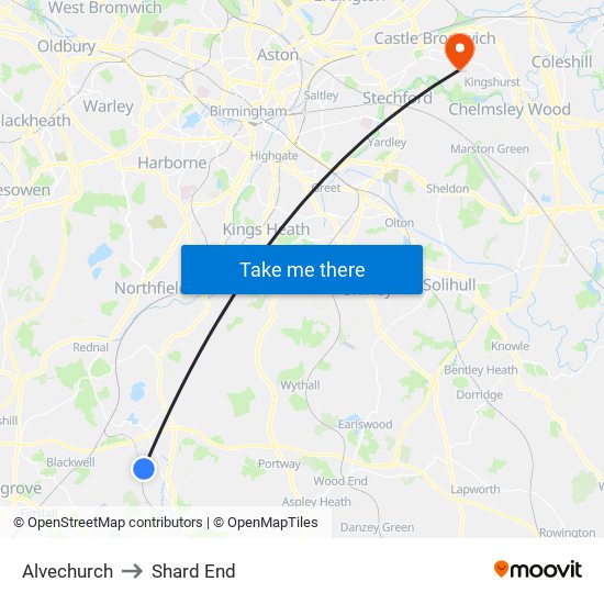 Alvechurch to Shard End map