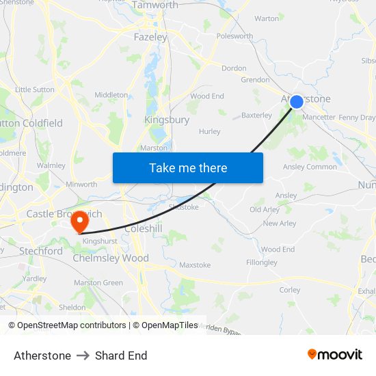 Atherstone to Shard End map