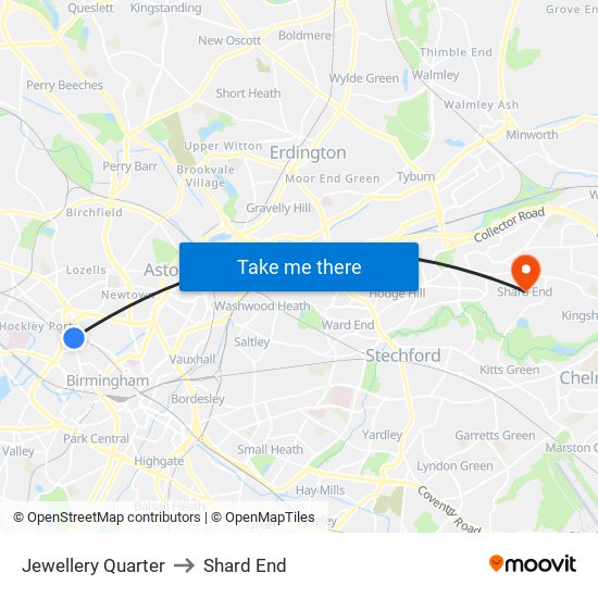 Jewellery Quarter to Shard End map