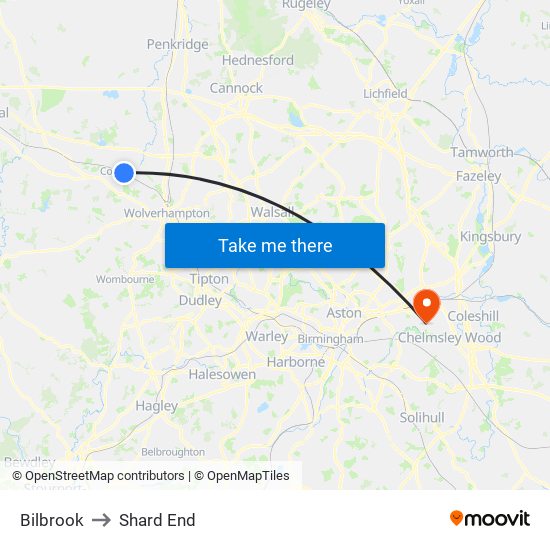 Bilbrook to Shard End map