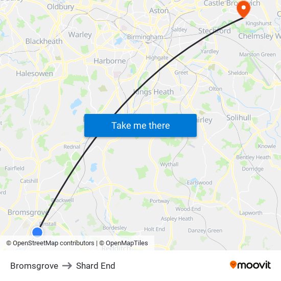 Bromsgrove to Shard End map