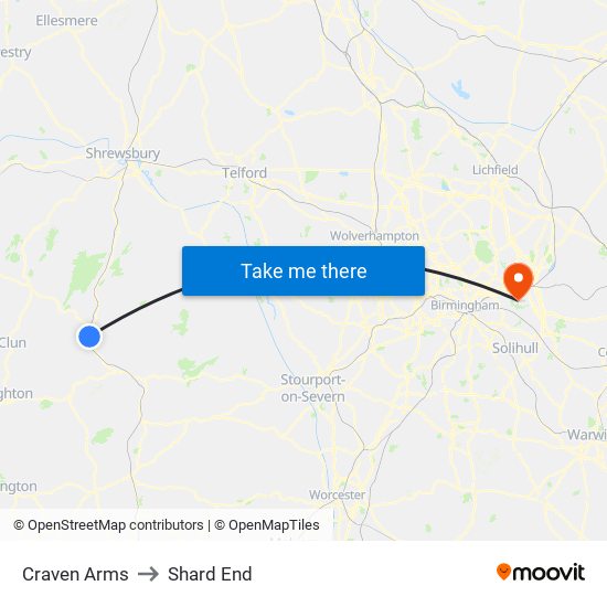 Craven Arms to Shard End map