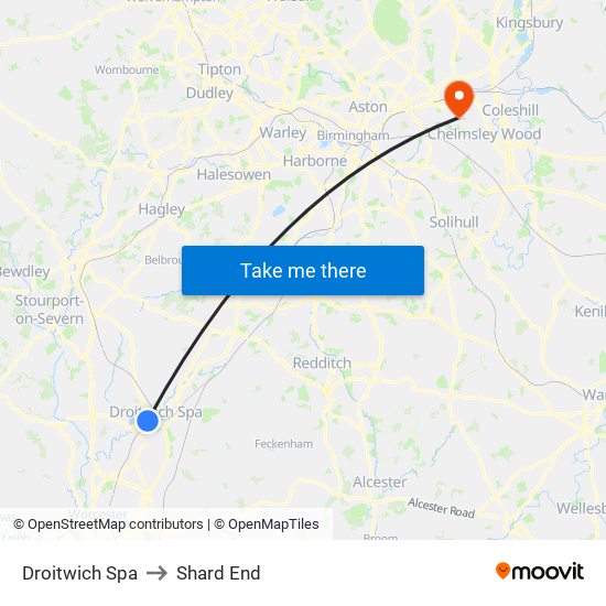 Droitwich Spa to Shard End map