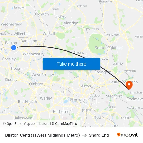 Bilston Central (West Midlands Metro) to Shard End map