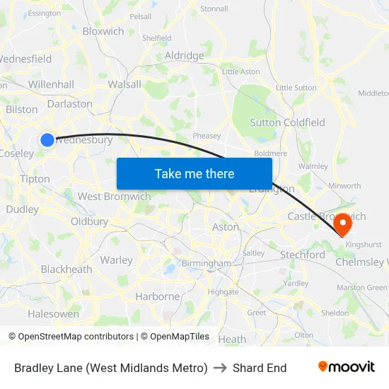 Bradley Lane (West Midlands Metro) to Shard End map