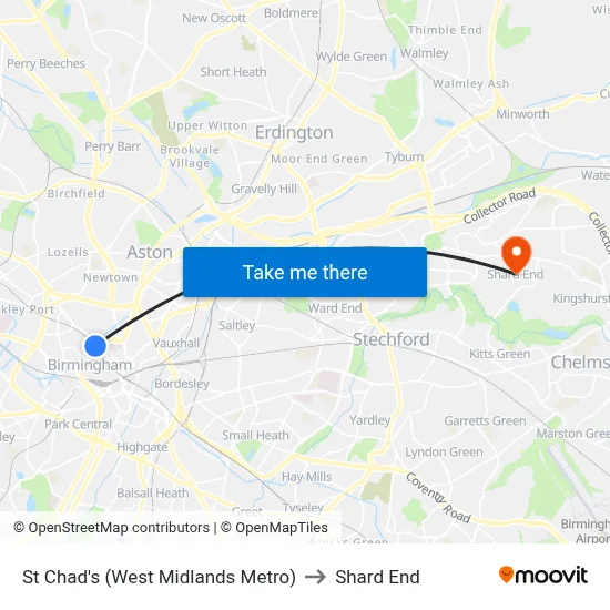 St Chad's (West Midlands Metro) to Shard End map