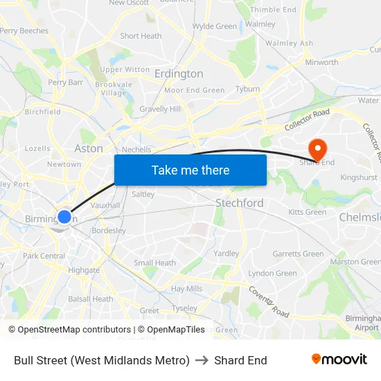 Bull Street (West Midlands Metro) to Shard End map