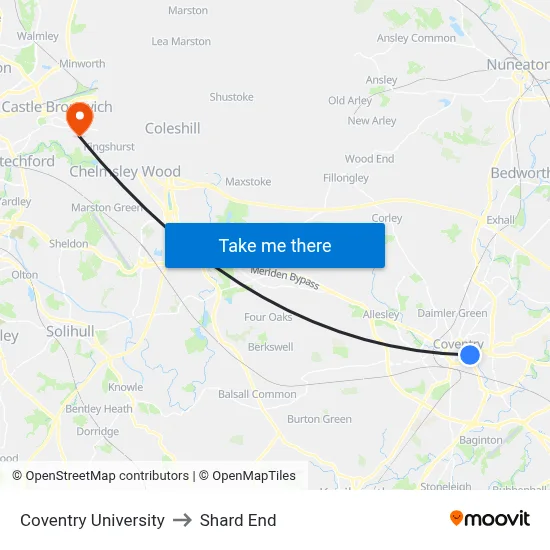 Coventry University to Shard End map