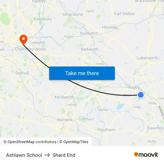 Ashlawn School to Shard End map