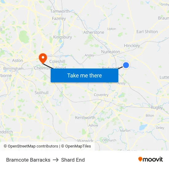 Bramcote Barracks to Shard End map