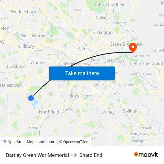 Bartley Green War Memorial to Shard End map
