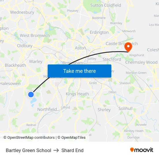 Bartley Green School to Shard End map