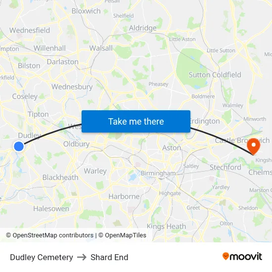 Dudley Cemetery to Shard End map