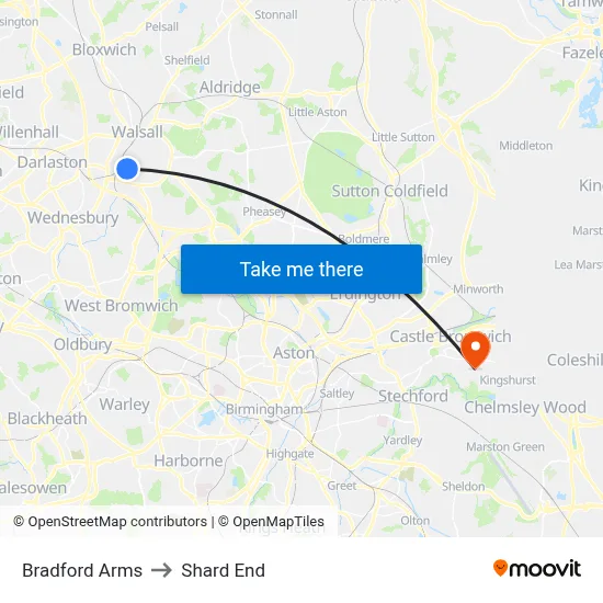 Bradford Arms to Shard End map