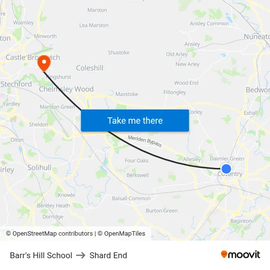 Barr's Hill School to Shard End map