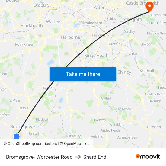 Bromsgrove- Worcester Road to Shard End map