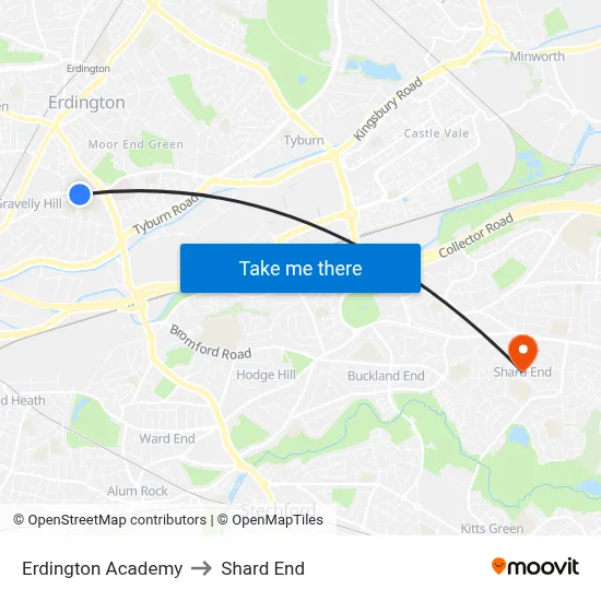 Erdington Academy to Shard End map