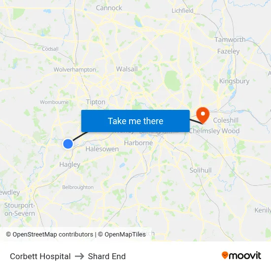 Corbett Hospital to Shard End map