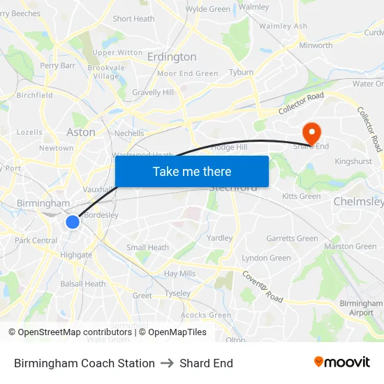 Birmingham Coach Station to Shard End map