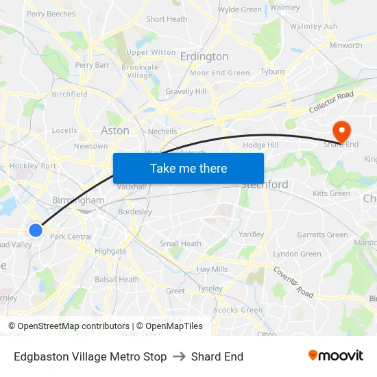Edgbaston Village Metro Stop to Shard End map