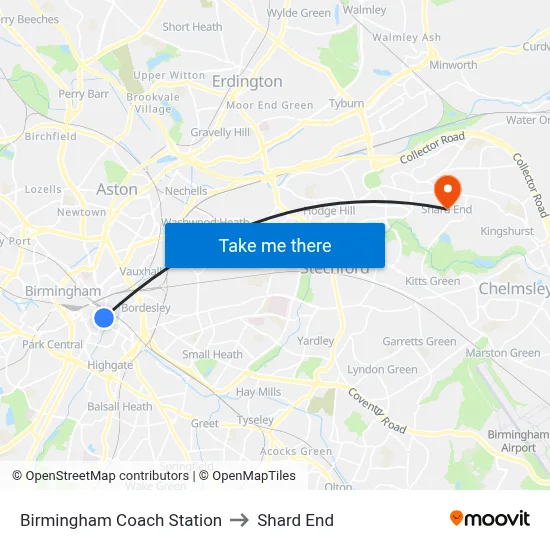 Birmingham Coach Station to Shard End map