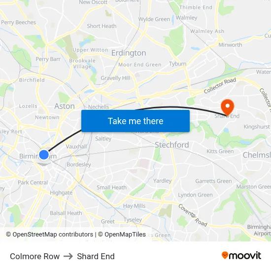 Colmore Row to Shard End map