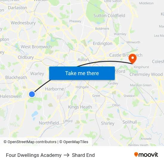 Four Dwellings Academy to Shard End map