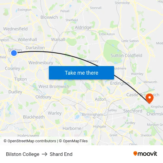 Bilston College to Shard End map