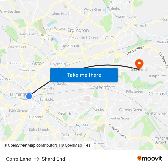 Carrs Lane to Shard End map