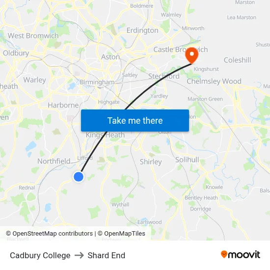 Cadbury College to Shard End map