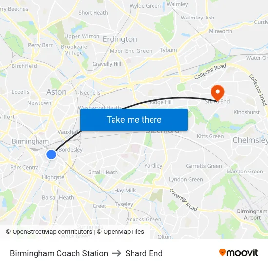 Birmingham Coach Station to Shard End map