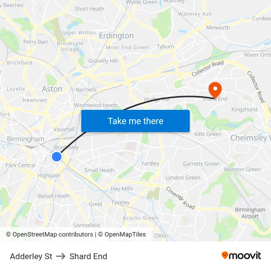 Adderley St to Shard End map