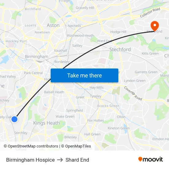 Birmingham Hospice to Shard End map