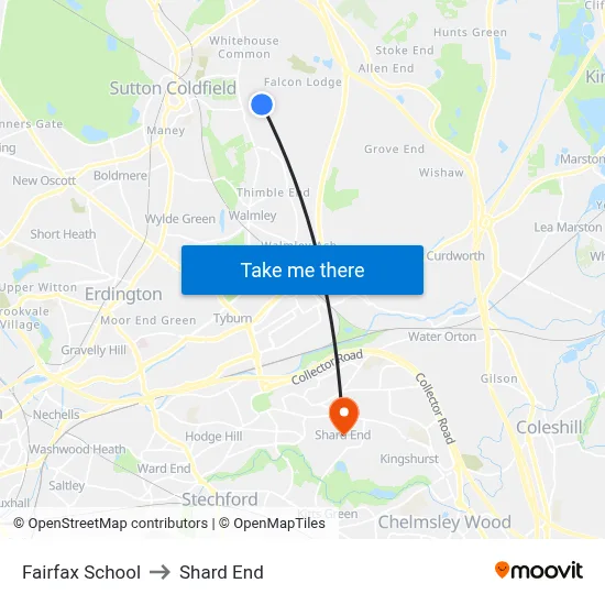 Fairfax School to Shard End map