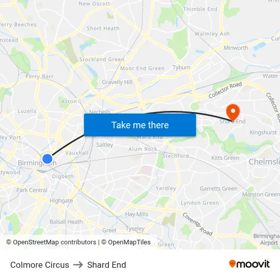Colmore Circus to Shard End map