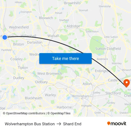 Wolverhampton Bus Station to Shard End map