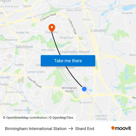 Birmingham International Station to Shard End map