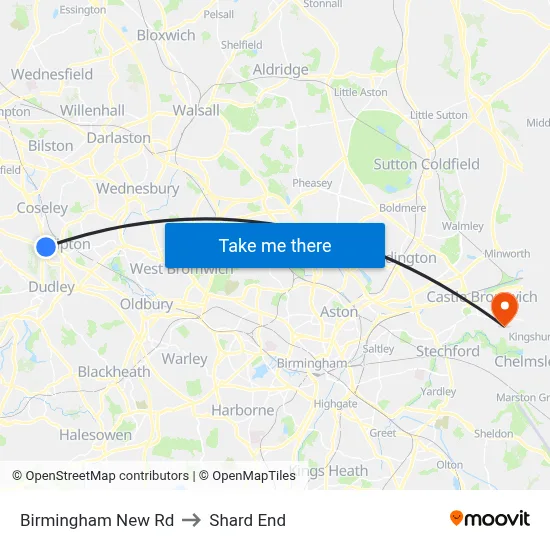 Birmingham New Rd to Shard End map