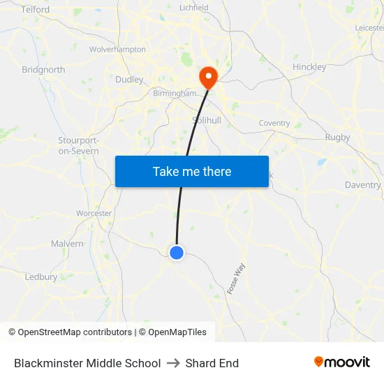 Blackminster Middle School to Shard End map