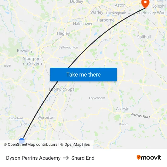 Dyson Perrins Academy to Shard End map
