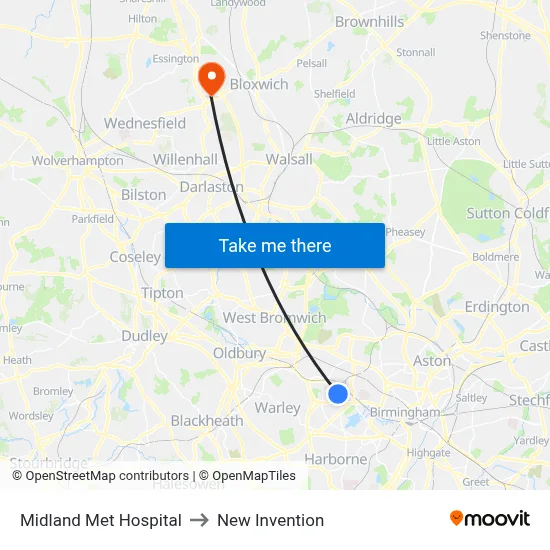 Midland Met Hospital to New Invention map