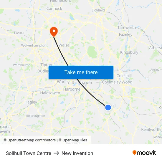 Solihull Town Centre to New Invention map