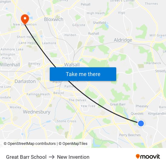 Great Barr School to New Invention map