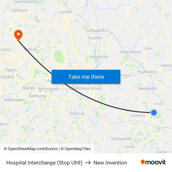 Hospital Interchange (Stop Uh9) to New Invention map