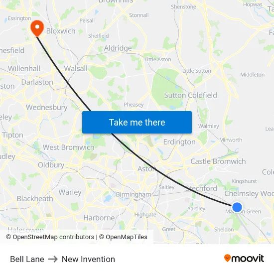 Bell Lane to New Invention map